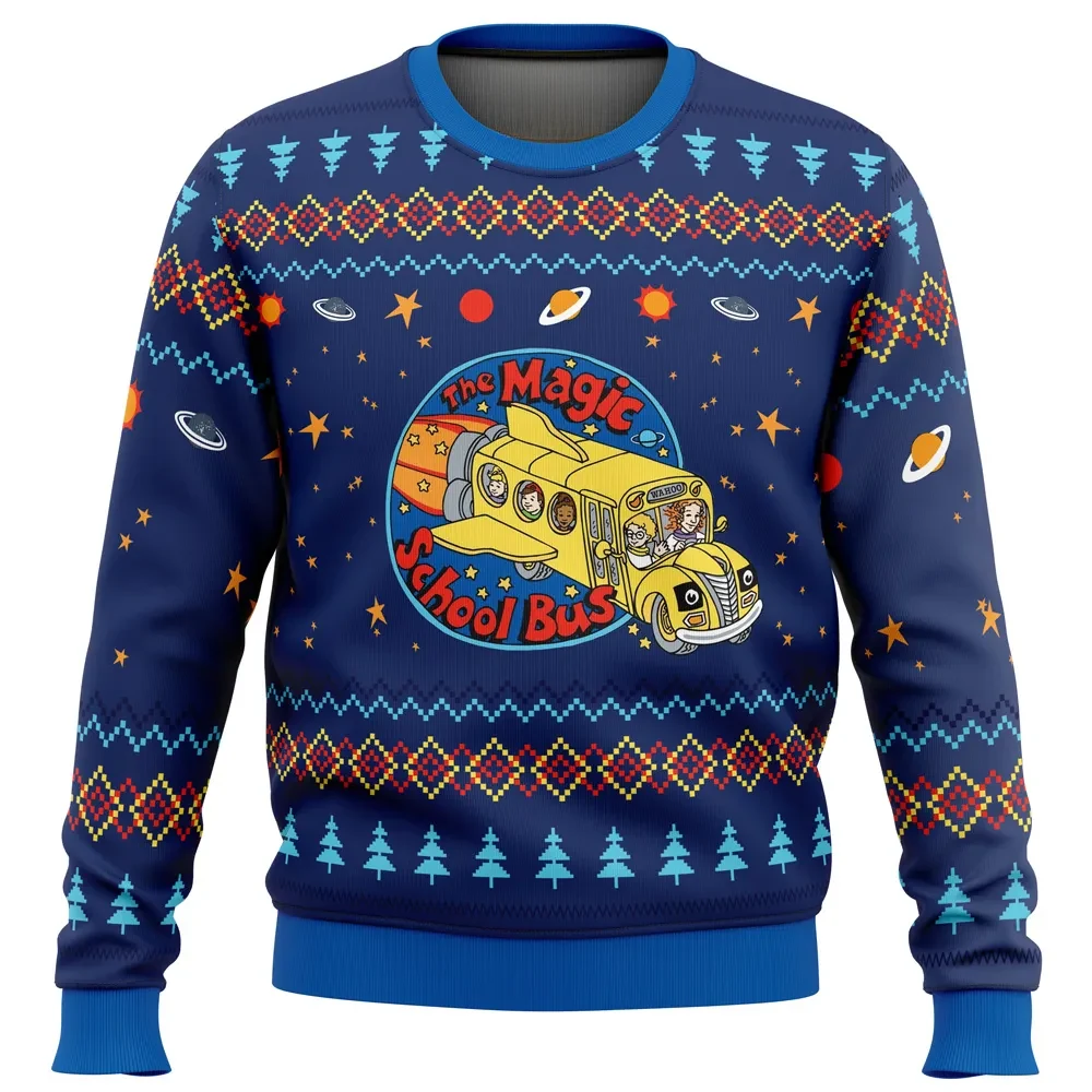 Space Adventures The Magic School Bus Ugly Christmas Sweater, Retro 90s Cartoon Holiday Sweater, Teacher Xmas Gift, Unisex Party Sweatshirt