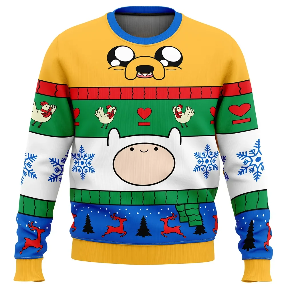 Christmas Finn and Jake Adventure Time Ugly Christmas Sweater, Striped Cartoon Holiday Sweatshirt, Unisex All Over Print Xmas Gift for Fans