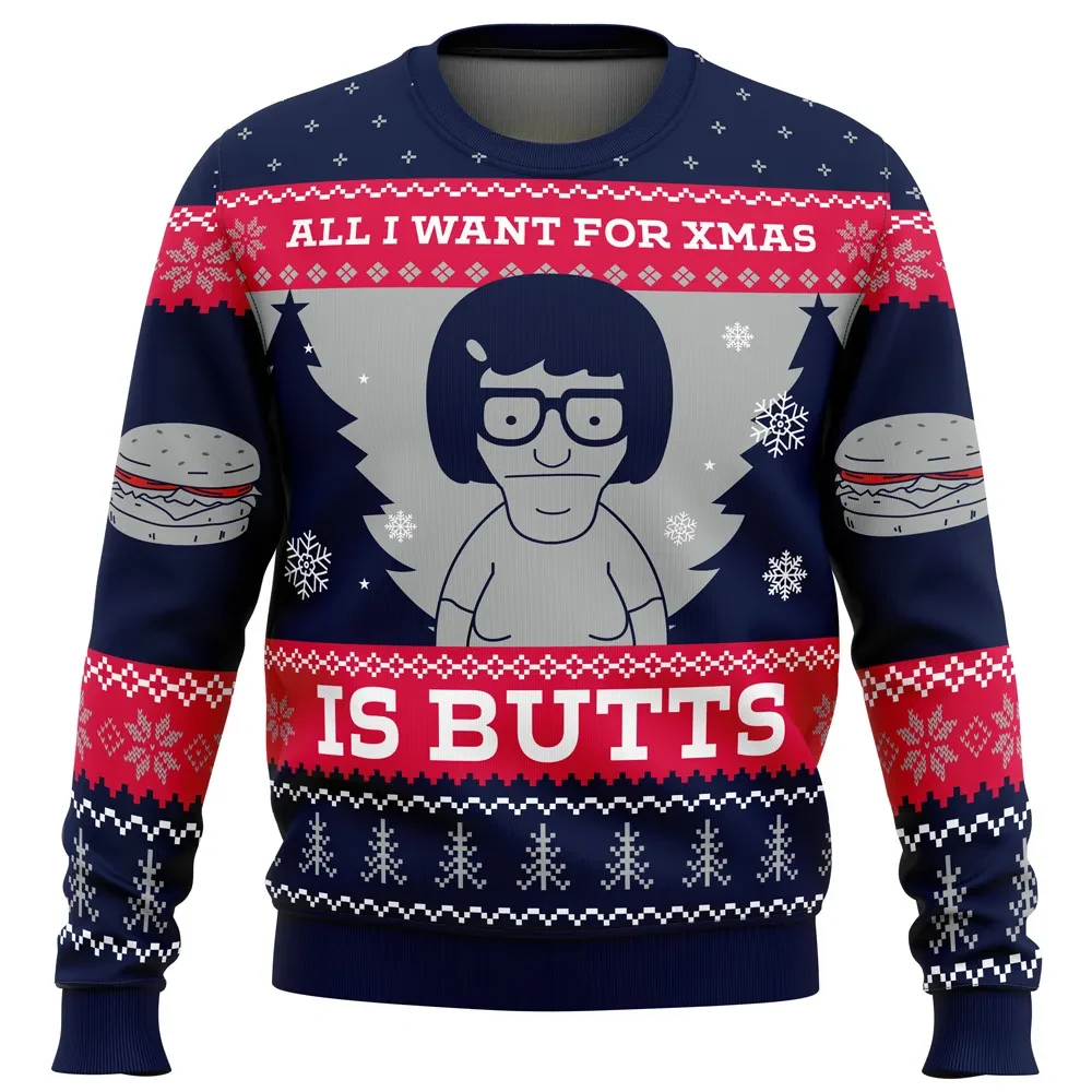 All I Want For Xmas Is Butts Bob's Burgers Ugly Christmas Sweater, Tina Belcher Holiday Sweater, Funny Cartoon Gift, Unisex All Over Print