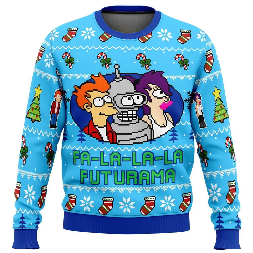 Fa-La-La-La Futurama Ugly Christmas Sweater, Fry Bender Leela Holiday Sweatshirt, Funny Sci-Fi Cartoon Xmas Gift for Animation Fans
