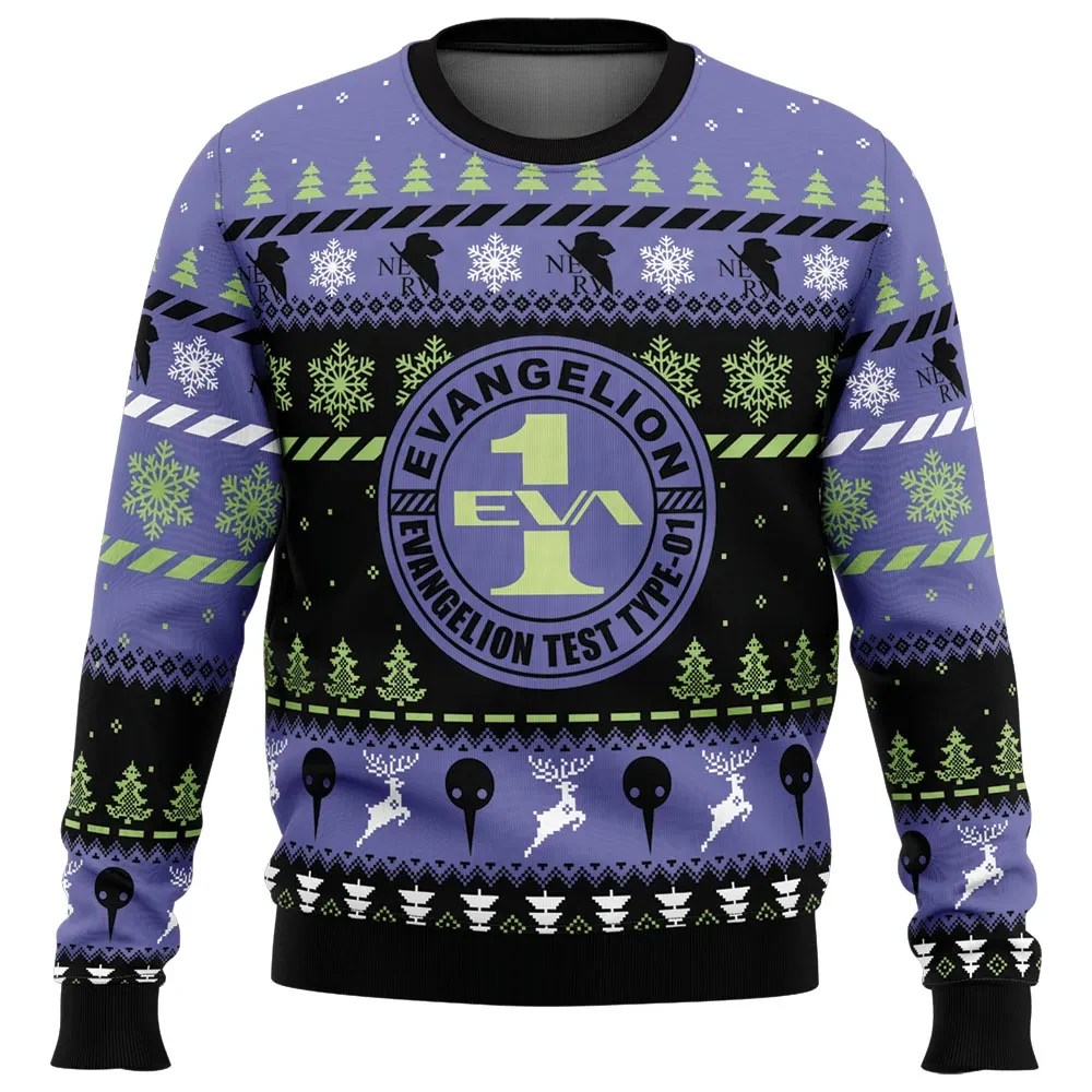 Test Type Eva-01 Ugly Christmas Sweater, Neon Genesis Evangelion Holiday Sweatshirt with NERV Emblem, Mecha Anime Xmas Gift for Fans