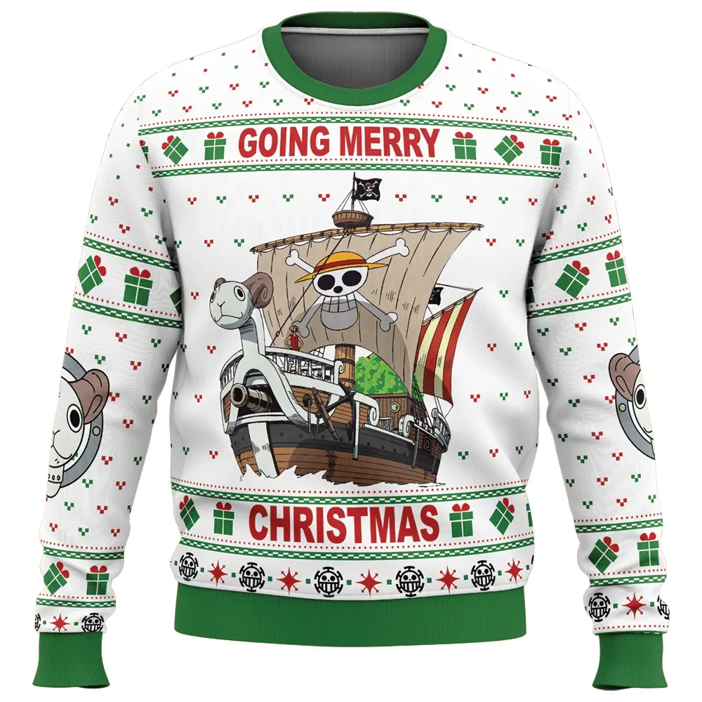 Going Merry Christmas One Piece Ugly Christmas Sweater, Straw Hat Pirates Jolly Roger Holiday Sweater, Unisex Xmas Sweatshirt, Anime Gift