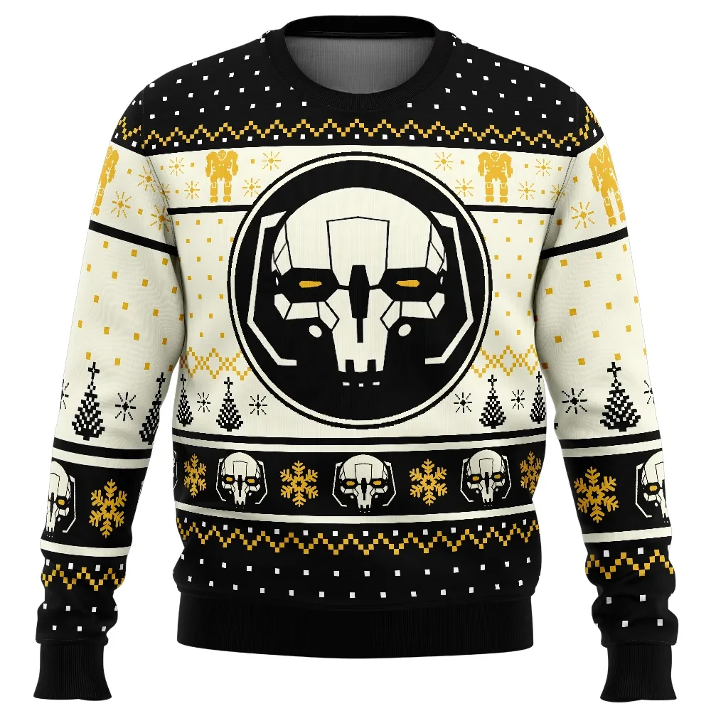 Tactical BattleTech Ugly Christmas Sweater, Mech Skull Emblem Gamer Holiday Sweater, Black and Gold Gaming Xmas Gift for Strategy Fans
