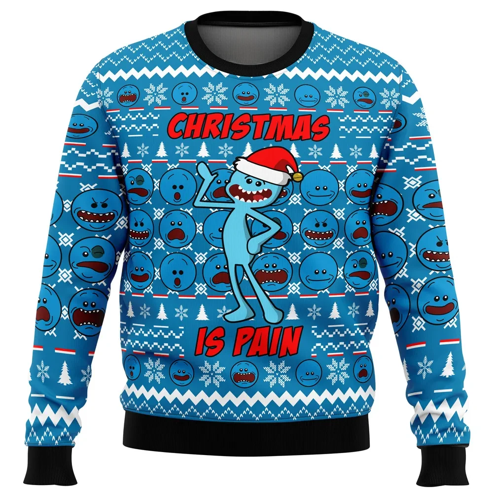 Christmas Is Pain Mr. Meeseeks Ugly Christmas Sweater, Rick and Morty Holiday Sweatshirt, Funny Cartoon Xmas Party Gift for Fans