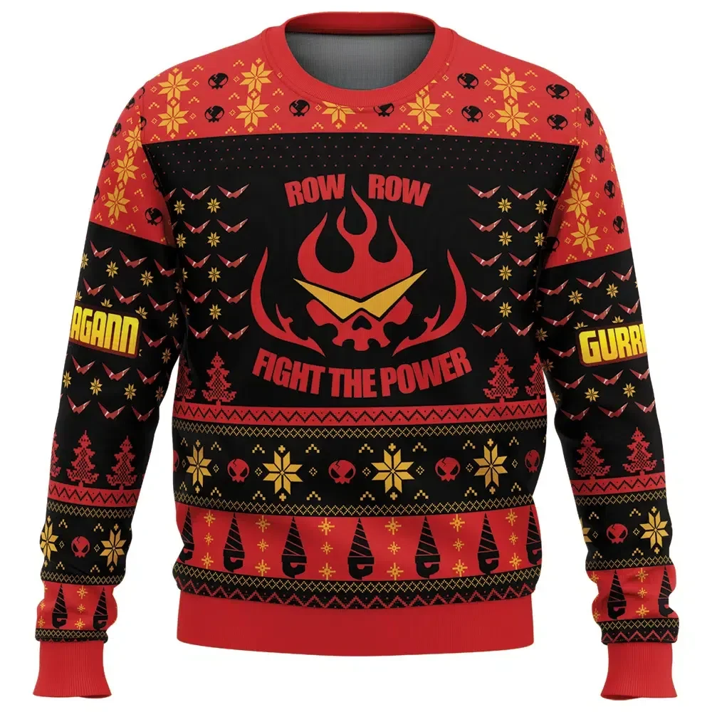 Row Row Fight the Power Tengen Toppa Gurren Lagann Ugly Christmas Sweater, Anime Holiday Sweater, Unisex All Over Print Xmas Jumper