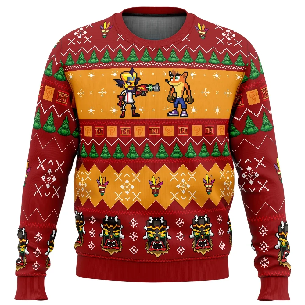 Crash and Doc Neo Cortex Crash Bandicoot Ugly Christmas Sweater, Aku Aku Pixel Art Gamer Holiday Sweater, Retro Game Xmas Gift