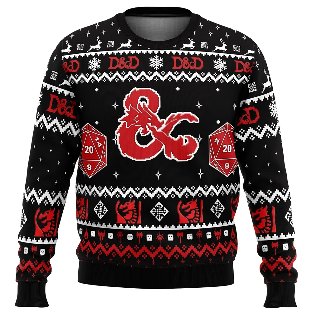 D&D Dungeons and Dragons Ugly Christmas Sweater, Red Ampersand Logo D20 Dice Holiday Sweater, Tabletop RPG Gamer Xmas Gift for Players