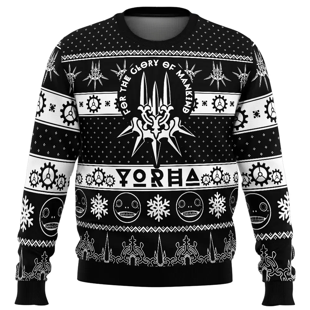 YoRHa Nier Automata Ugly Christmas Sweater, For the Glory of Mankind Holiday Sweater, Gamer Xmas Gift, 2B Black and White Unisex Pullover