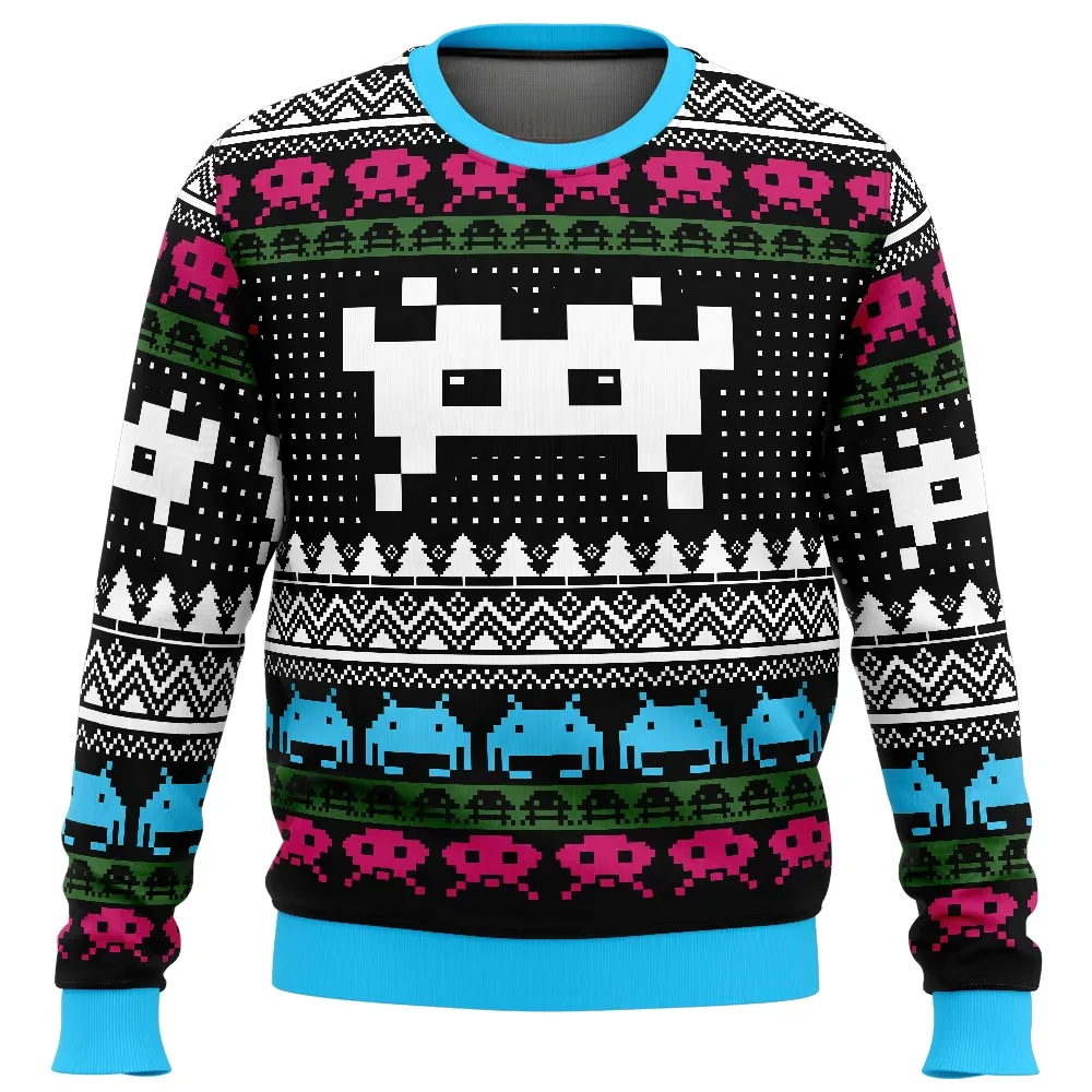 Space Invaders Christmas Ugly Christmas Sweater, Retro Arcade Pixel Alien Gamer Holiday Sweater, Unisex 80s Video Game Xmas Gift for Gamers