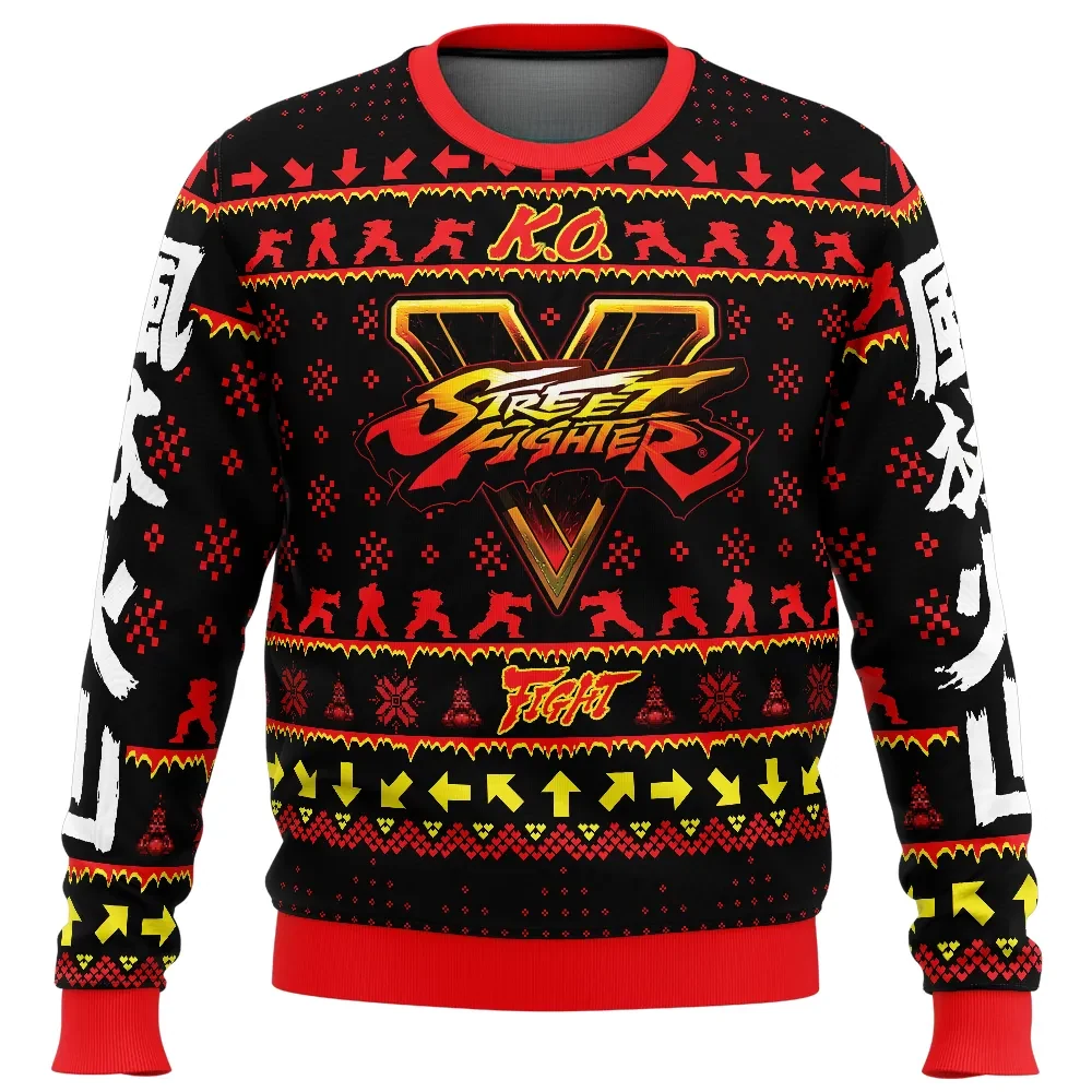 Christmas Ryu Street Fighter Ugly Christmas Sweater, Street Fighter V K.O. Holiday Sweatshirt, Arcade Fighting Gamer Xmas Gift for Fans