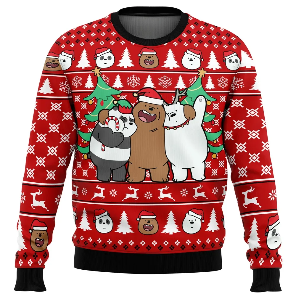 Christmas Bears We Bare Bears Ugly Christmas Sweater, Grizzly Panda Ice Bear Cartoon Holiday Sweater, Unisex All Over Print Xmas Jumper