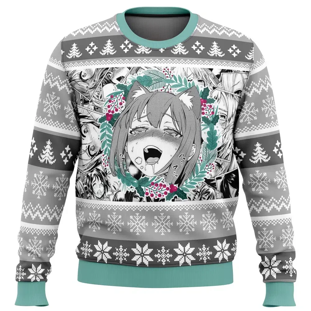 Christmas Anime Ahegao Ugly Christmas Sweater, Ahegao Face Holiday Sweater, Manga Collage Wreath Design, Unisex Pullover, Anime Xmas Gift