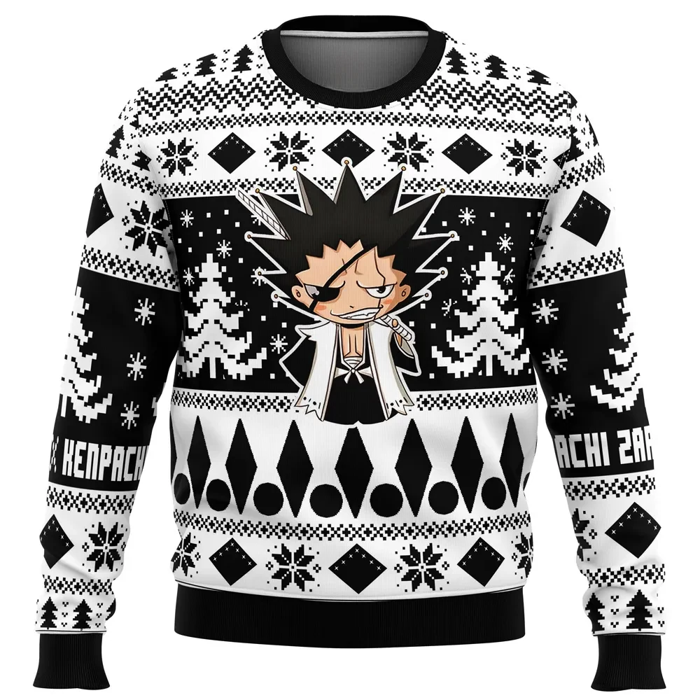 Chibi Kenpachi Zaraki Bleach Ugly Christmas Sweater, Bleach 11th Division Holiday Sweater, Black and White Anime Xmas Gift, Unisex Sweatshirt