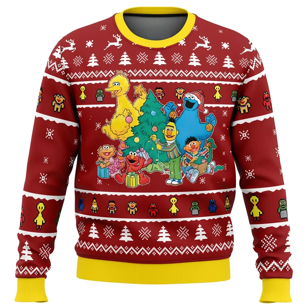 Sesame Street Christmas Cookie Monster Elmo Big Bird Ugly Christmas Sweater, Sesame Street Holiday Sweater, Unisex All Over Print Xmas Jumper