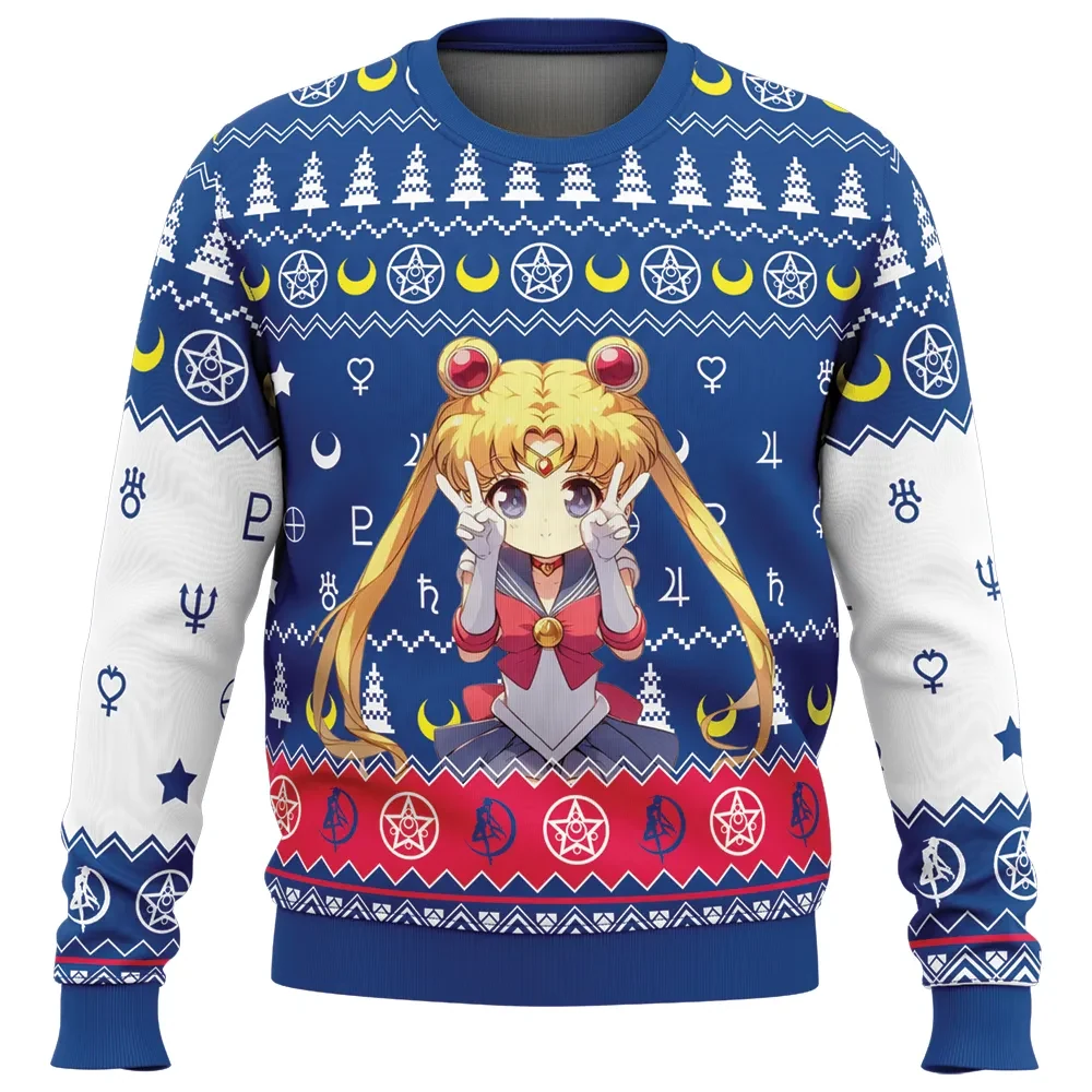 Chibi Usagi Tsukino Sailor Moon Ugly Christmas Sweater, Crescent Moon and Planet Symbols Holiday Sweater, Magical Girl Anime Xmas Gift