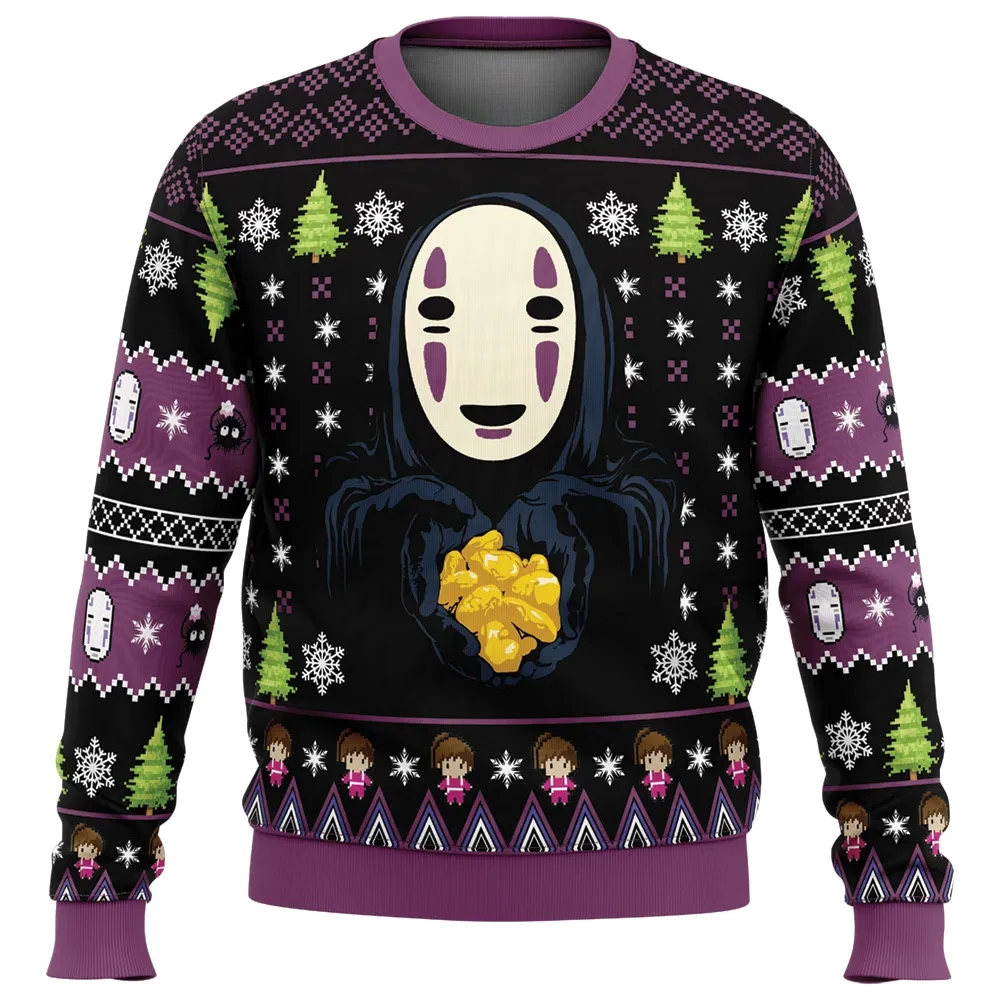 No Face Gold Nuggets Spirited Away Ugly Christmas Sweater, Studio Ghibli Kaonashi Soot Sprite Holiday Sweater, Anime Xmas Gift for Fans