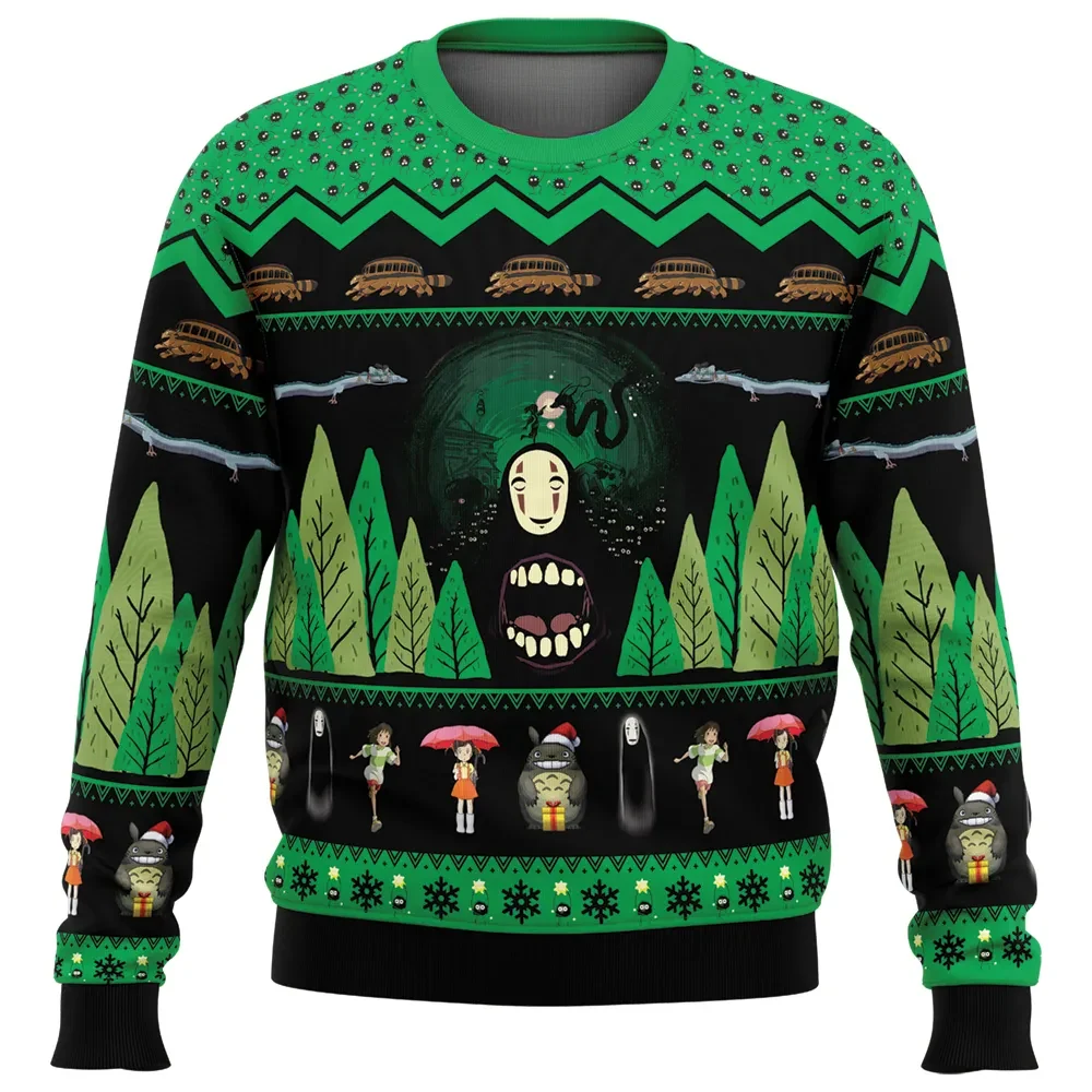 No Face Spirited Away Ugly Christmas Sweater, Studio Ghibli Holiday Sweater with Totoro and Catbus, Unisex All Over Print Anime Xmas Gift