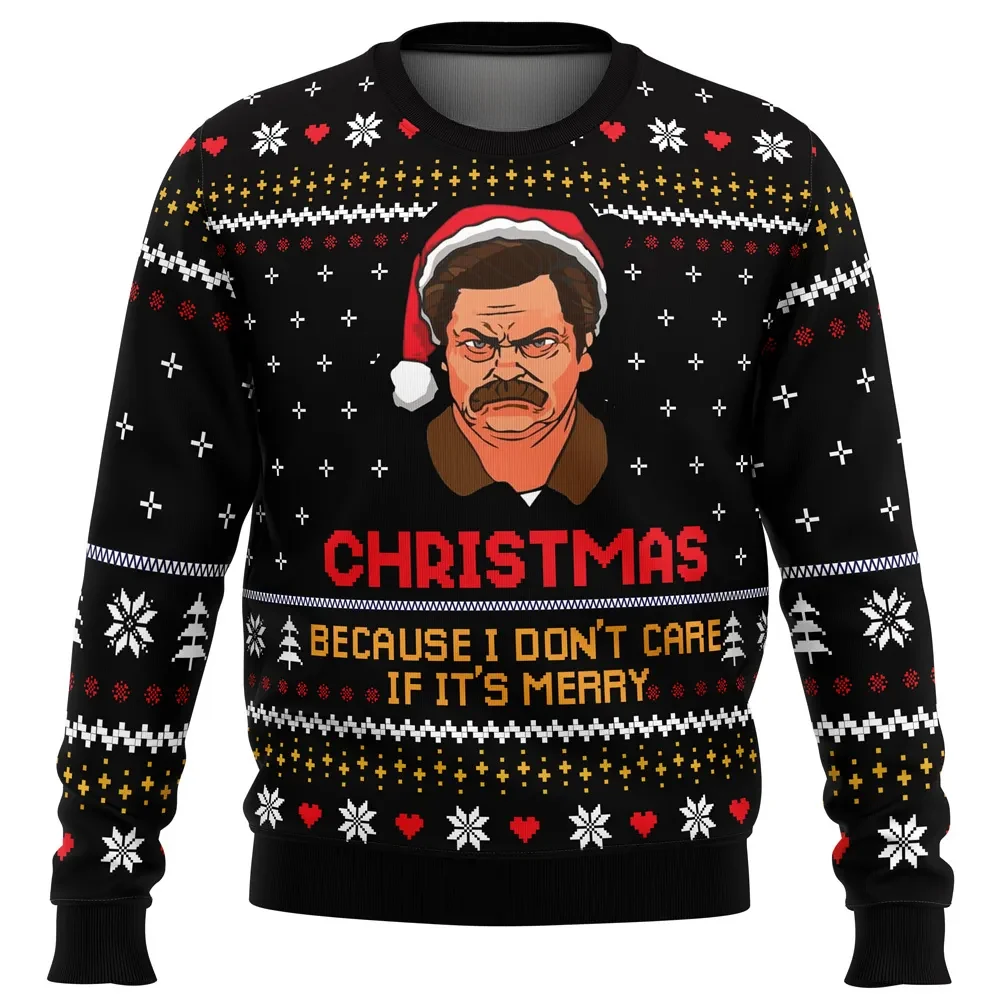 Christmas Because I Don't Care If It's Merry Ron Swanson Parks and Recreation Ugly Christmas Sweater, TV Show Xmas Sweater