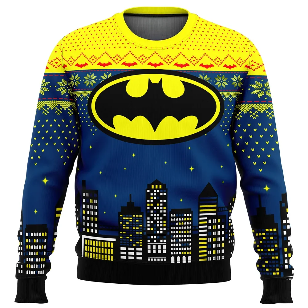Christmas Batman Ugly Christmas Sweater, Bat Logo Gotham City Skyline Holiday Sweater, DC Superhero Xmas Party Gift for Fans