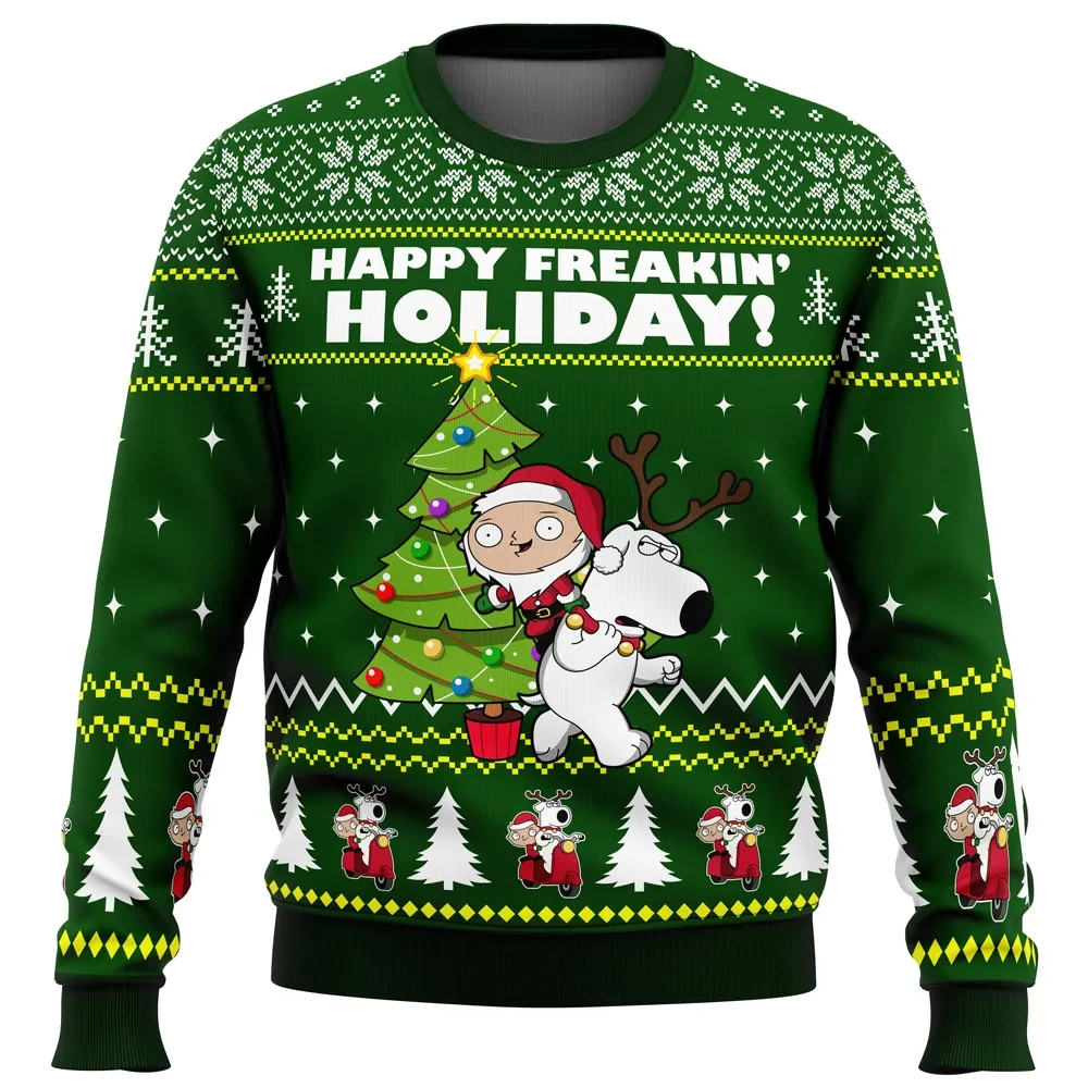 Happy Freakin Holidays Family Guy Ugly Christmas Sweater, Stewie and Brian Holiday Sweater, Reindeer Brian Cartoon Xmas Gift for Fans