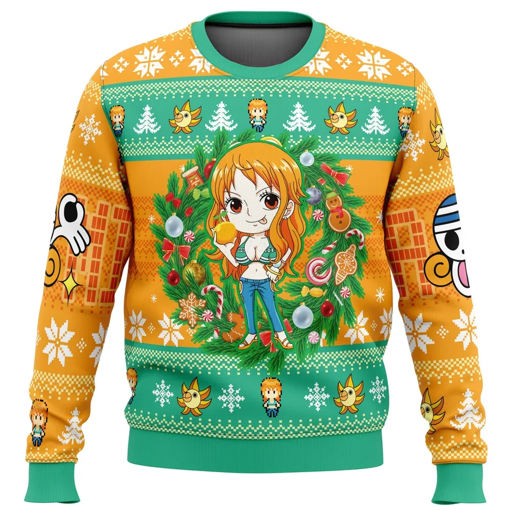 Christmas Nami One Piece Ugly Christmas Sweater, Anime Holiday Sweater with Tangerine Wreath, Unisex All Over Print Xmas Gift for One Piece Fans