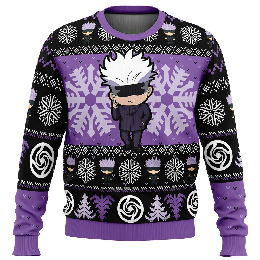 Chibi Satoru Gojo Jujutsu Kaisen Ugly Christmas Sweater, JJK Snowflake Holiday Sweater, Unisex All Over Print Xmas Sweatshirt, Anime Gift