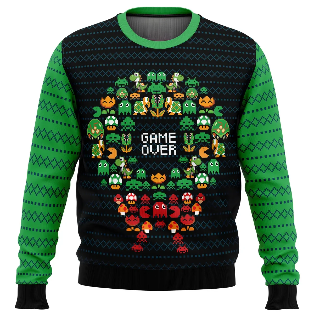 Game Over Nintendo Super Mario Pacman Ugly Christmas Sweater, Retro Gamer Holiday Sweater, Video Game All Over Print Xmas Sweater