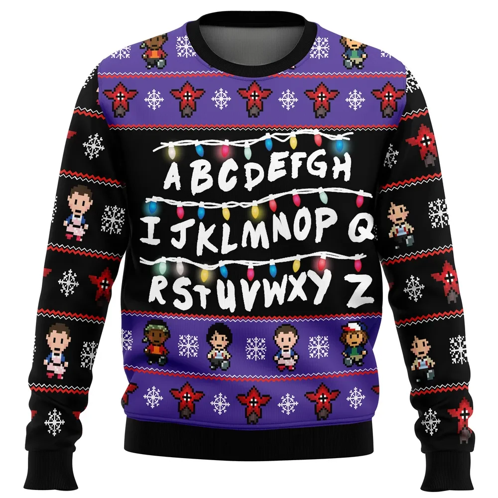 Stranger Things Ugly Christmas Sweater, Alphabet Lights Holiday Sweater, Demogorgon Pixel Art, TV Show Xmas Gift, Unisex All Over Print Top