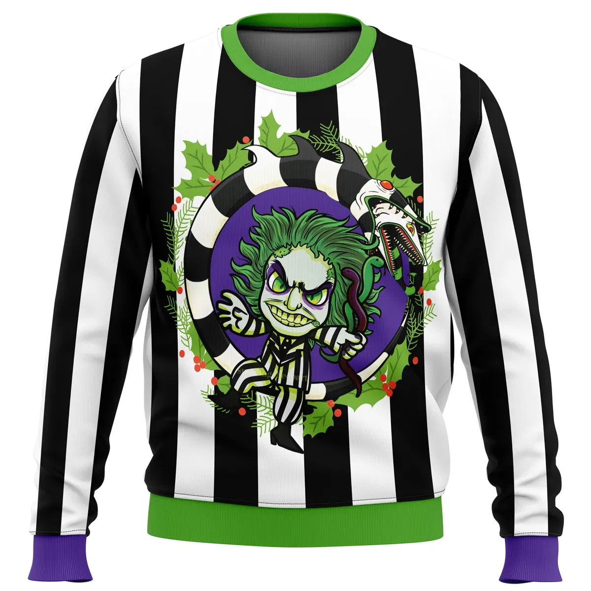 Beetlejuice Ugly Christmas Sweater, Tim Burton Sandworm Striped Holiday Sweater, Movie Xmas Gift for Horror Comedy Fans, Unisex Pullover