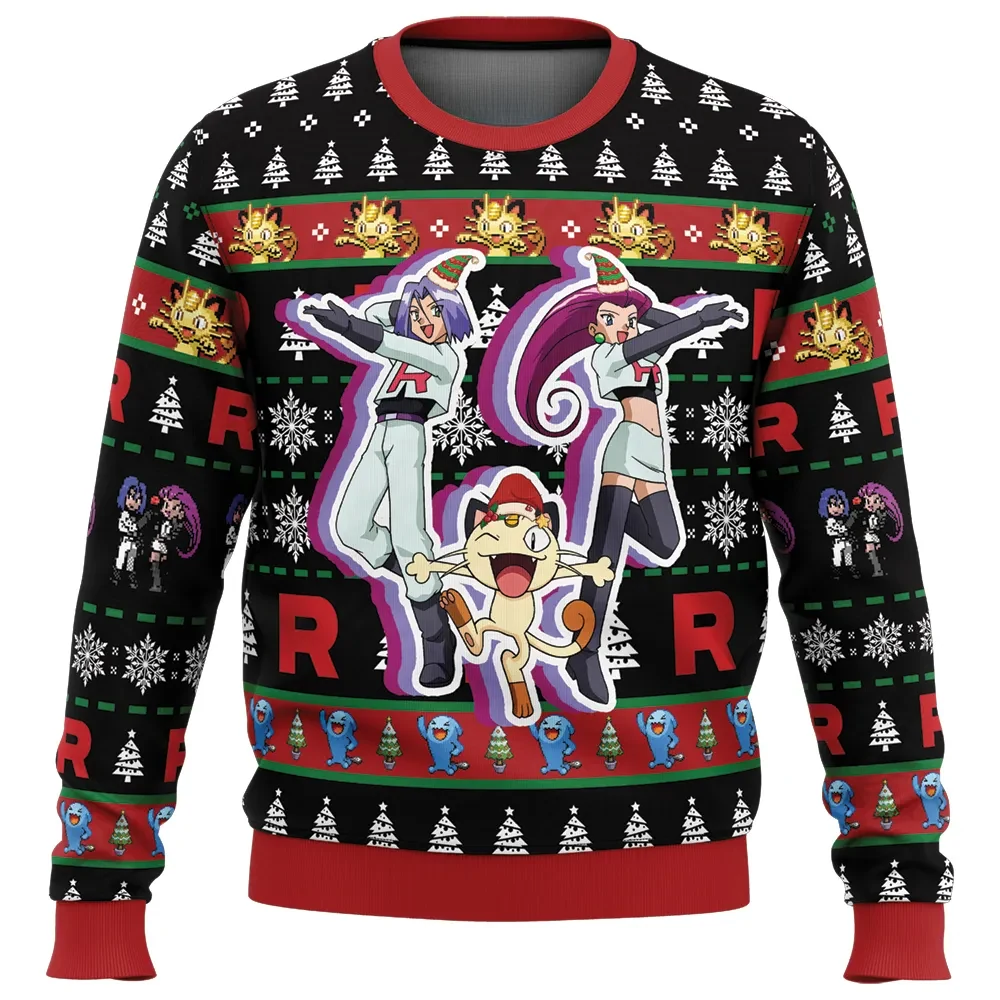 Team Rocket Pokemon Ugly Christmas Sweater, Jessie James and Meowth Santa Hat Holiday Sweatshirt, Anime Xmas Gift for Trainers