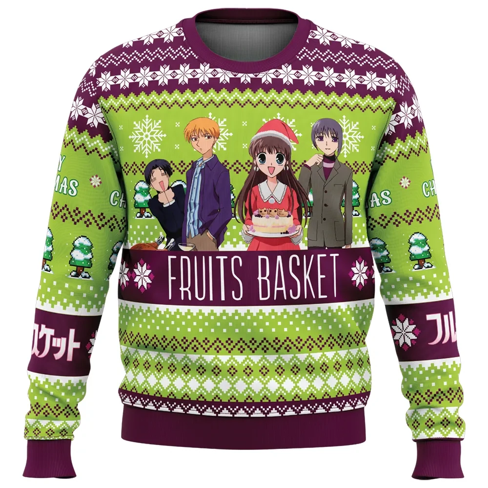 Merry Christmas Fruits Basket Ugly Christmas Sweater, Tohru Kyo Yuki Shigure Holiday Sweatshirt, Anime Xmas Gift for Shojo Manga Fans