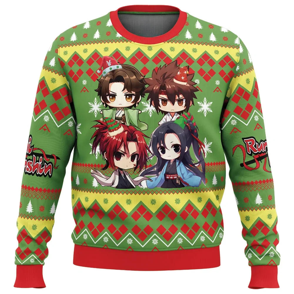 Chibi Christmas Rurouni Kenshin Samurai X Ugly Christmas Sweater, Kenshin Himura Anime Holiday Sweater, Classic 90s Anime Xmas Gift
