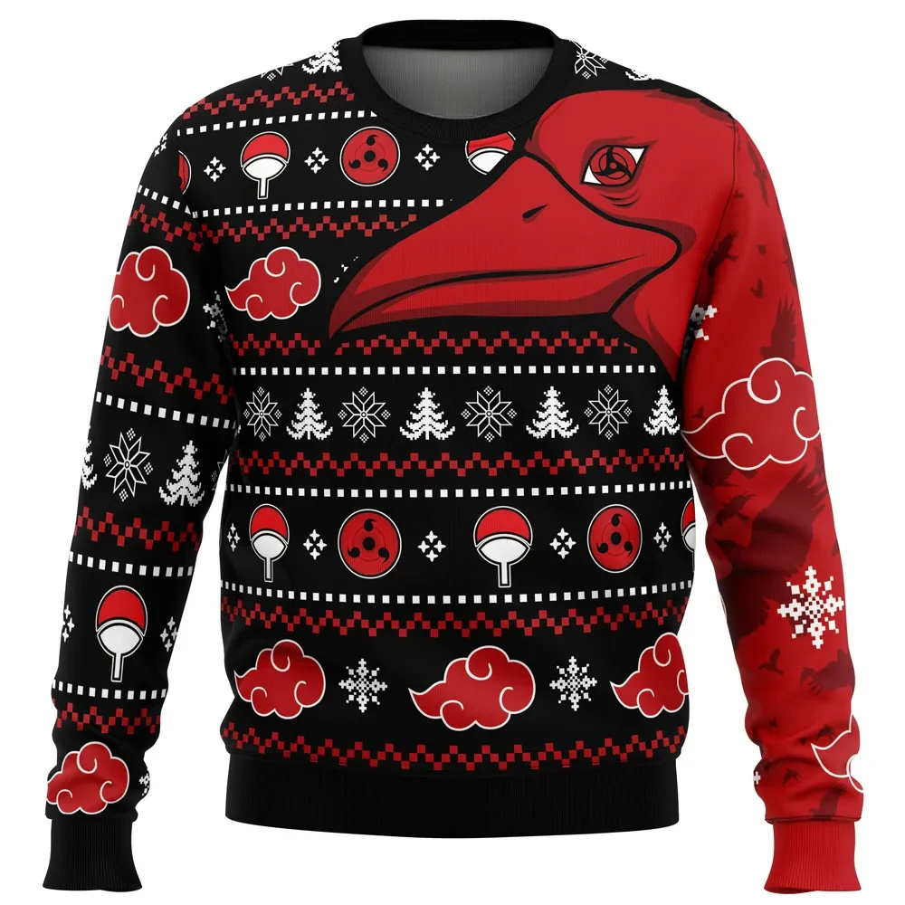 Symbolic Crows Akatsuki Itachi Ugly Christmas Sweater, Naruto Shippuden Sharingan and Uchiha Crest Holiday Sweater, Anime Xmas Gift, Unisex Top