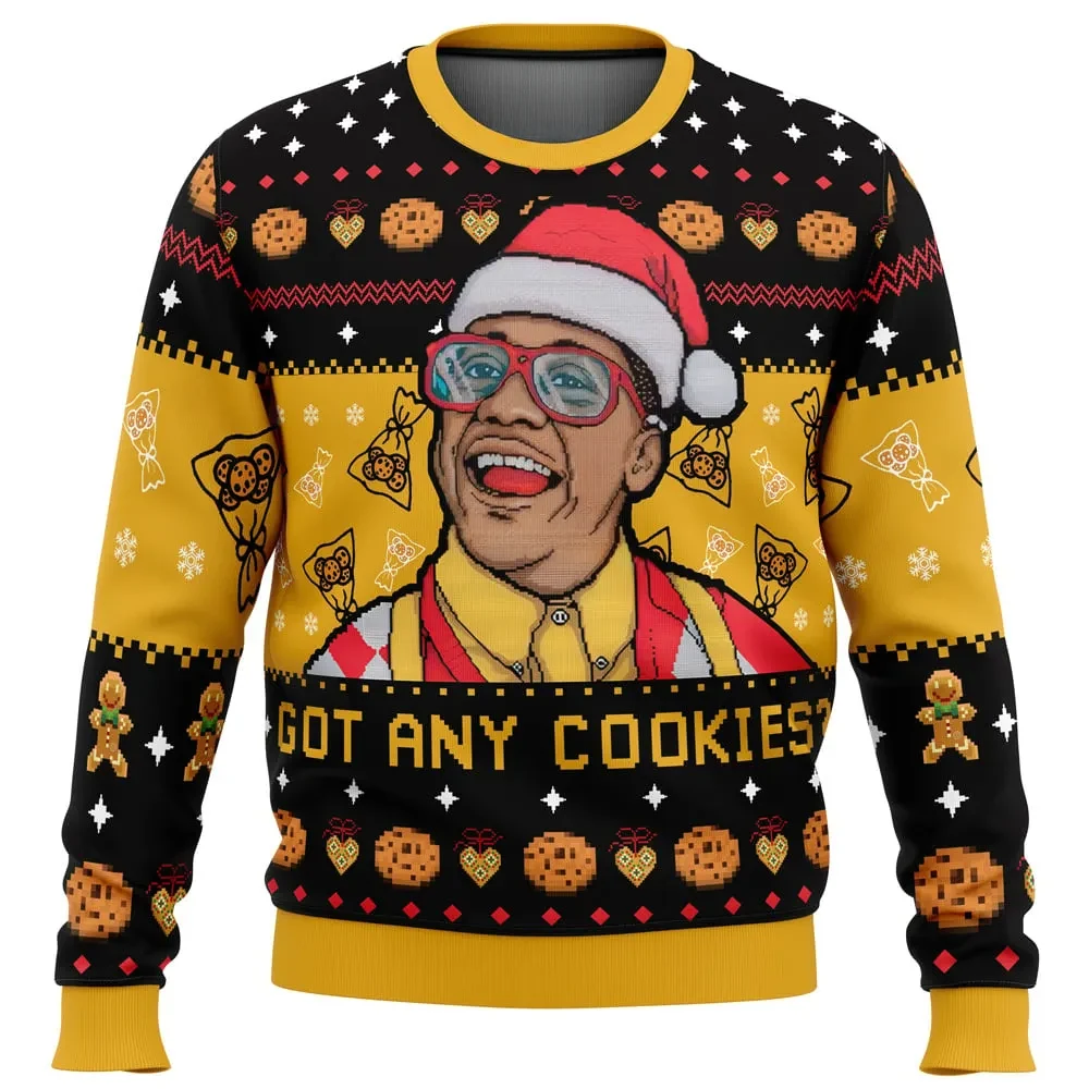 Got Any Cookies? Steve Urkel Family Matters Ugly Christmas Sweater, 90s Sitcom Holiday Sweatshirt, TV Show Xmas Gift, Unisex Santa Hat Print