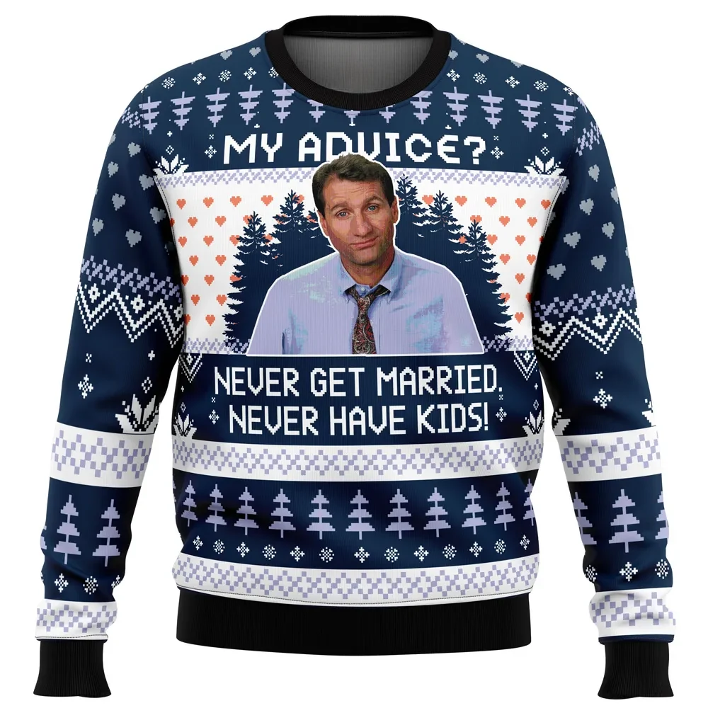 My Advice Never Get Married Married With Children Ugly Christmas Sweater, Al Bundy TV Show Holiday Sweater, Funny Xmas Sweater
