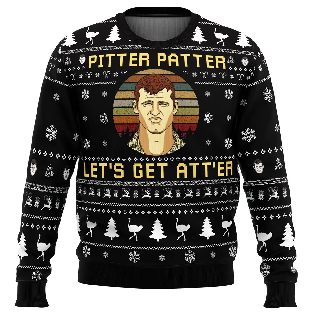 Pitter Patter Let's Get At'er Letterkenny Ugly Christmas Sweater, Wayne Retro Sunset Holiday Sweater, Funny TV Show Xmas Gift, Unisex Pullover