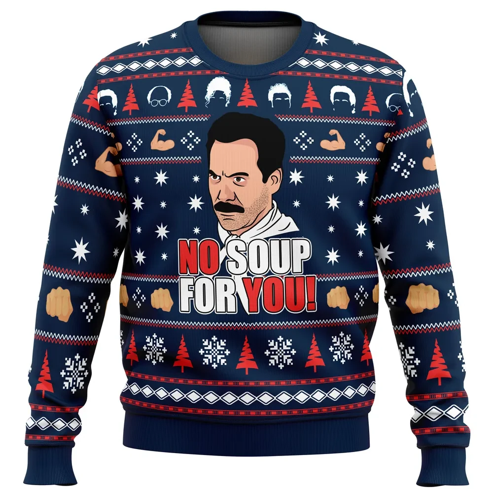 No Soup For You Seinfeld Ugly Christmas Sweater, Soup Nazi Holiday Sweater, Funny 90s Sitcom TV Xmas Gift, Unisex All Over Print Sweatshirt