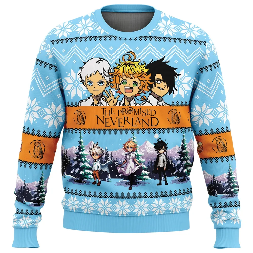 White Christmas The Promised Neverland Ugly Christmas Sweater, Emma Norman Ray Anime Holiday Sweatshirt, Snowy Forest Xmas Gift for Fans
