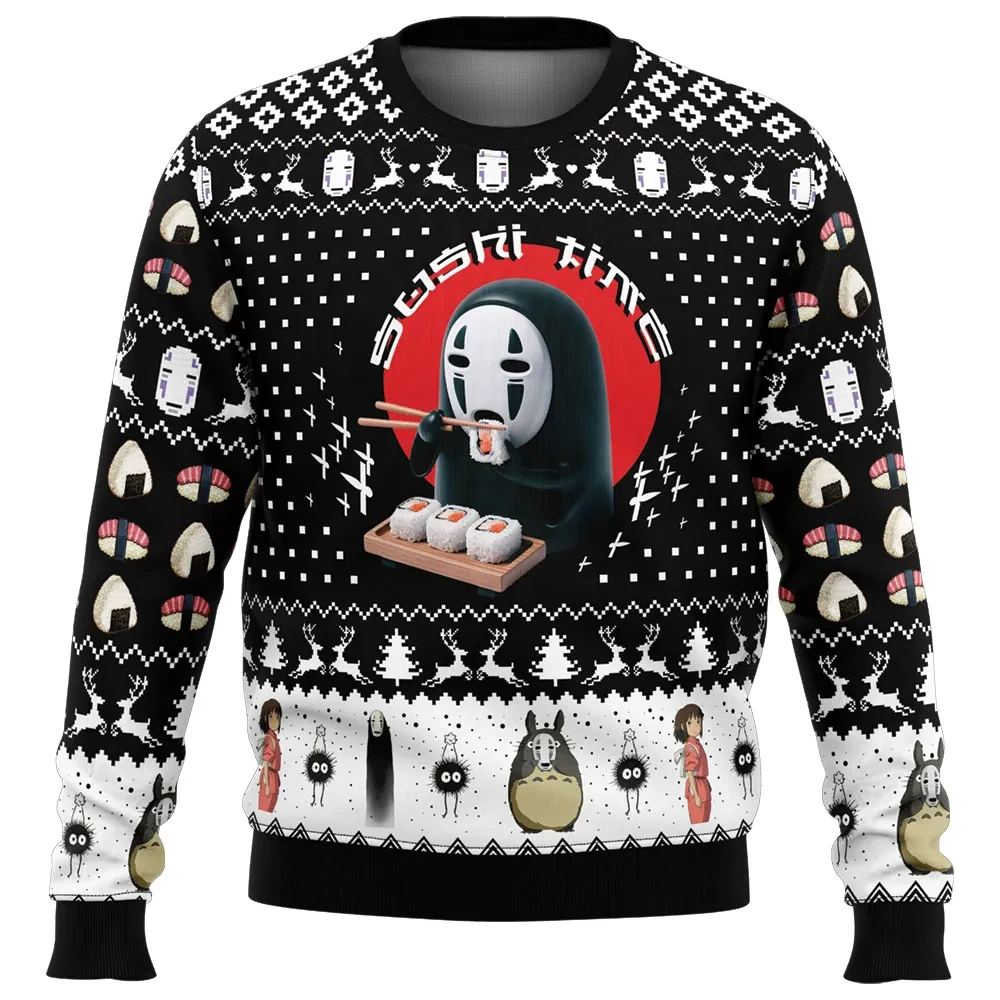 Sushi Time No Face Spirited Away Ugly Christmas Sweater, Studio Ghibli Kaonashi Totoro Holiday Sweater, Anime Xmas Party Gift for Fans
