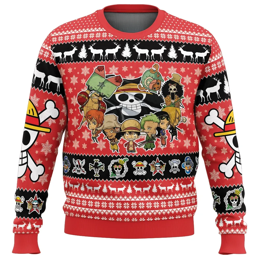 Chibi Straw Hat Pirates One Piece Ugly Christmas Sweater, Luffy Zoro Nami Sanji Chopper Holiday Sweater, Jolly Roger Anime Xmas Gift