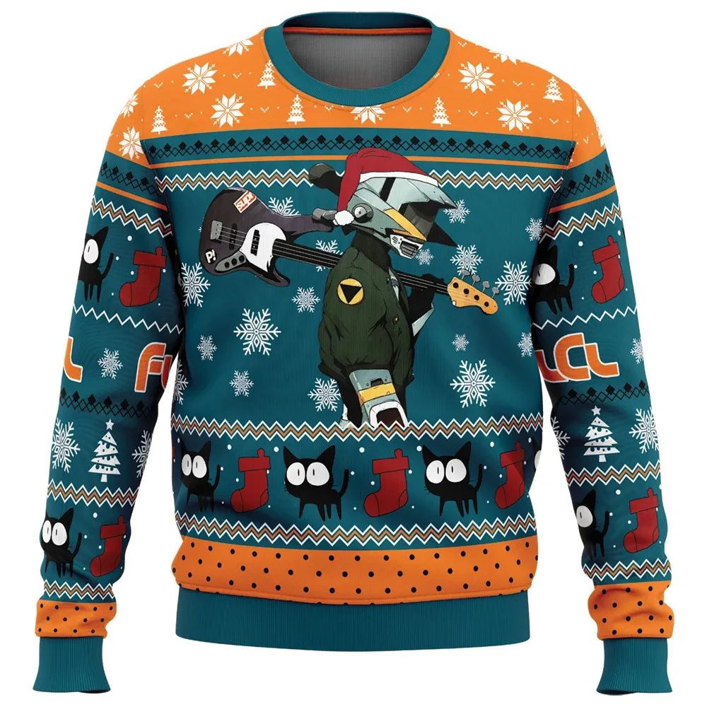 Cool Guitar Canti Fooly Cooly FLCL Ugly Christmas Sweater, FLCL Anime Holiday Sweater, Robot Santa Hat Anime Xmas Gift for Fans