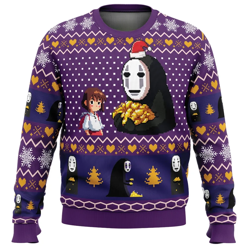 Chihiro and No Face Spirited Away Ugly Christmas Sweater, Pixel Art Santa Hat Studio Ghibli Holiday Sweatshirt, Anime Xmas Gift for Fans