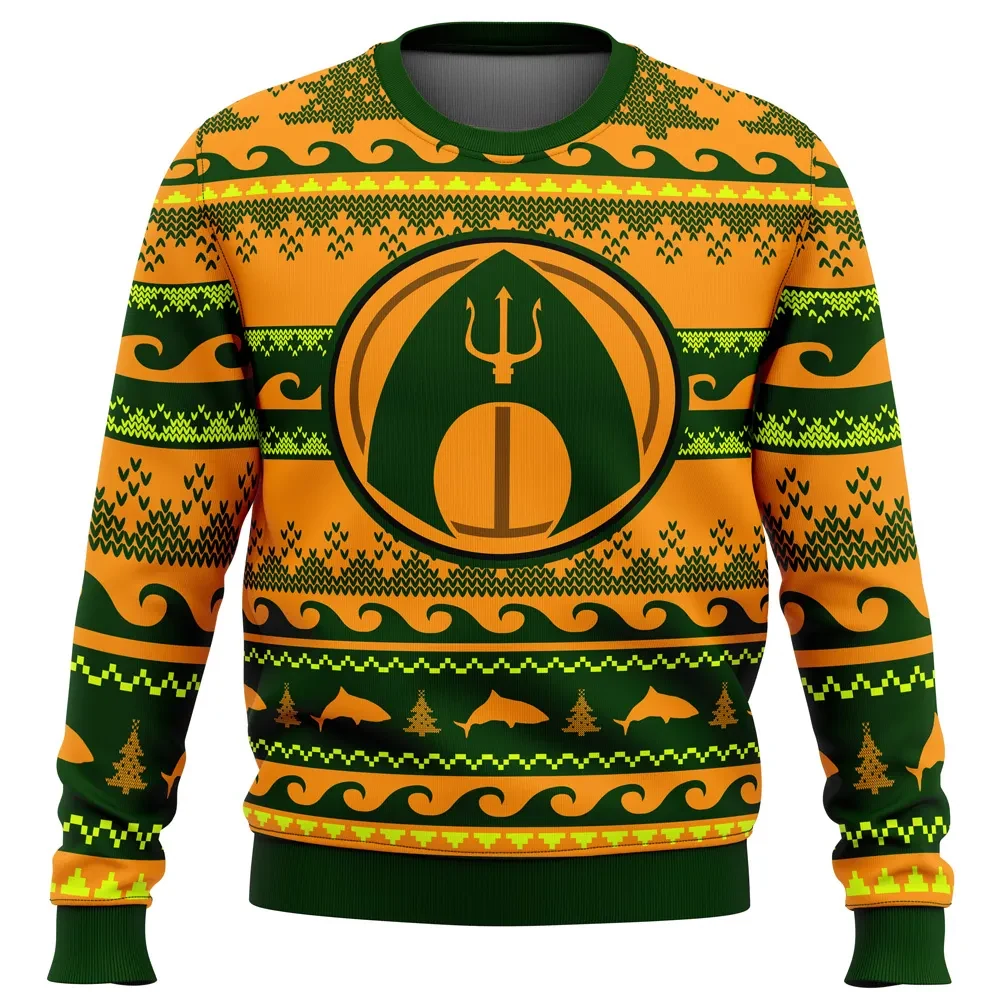 Christmas Aquaman Ugly Christmas Sweater, Justice League DC Superhero Holiday Sweater, Trident Emblem Xmas Gift for Comic Book Fans
