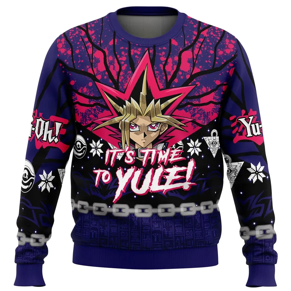 It's Time To Yule Yu-Gi-Oh! Ugly Christmas Sweater, Yami Yugi Deck the Halls Holiday Sweater, Millennium Puzzle Anime Xmas Gift for Duelists