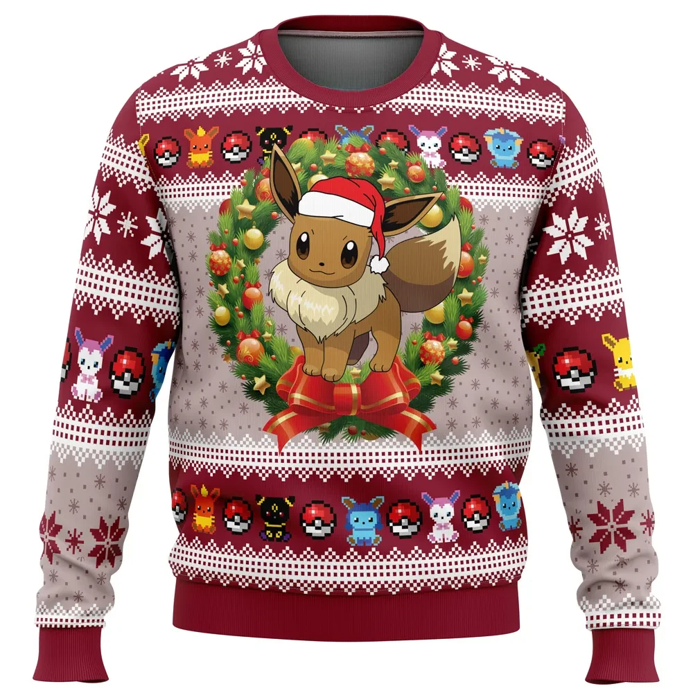 Eevee Christmas Pokemon Ugly Christmas Sweater, Eevee Santa Hat Holiday Sweater, Poke Ball and Eeveelution Pattern, Pokemon Xmas Gift for Gamers