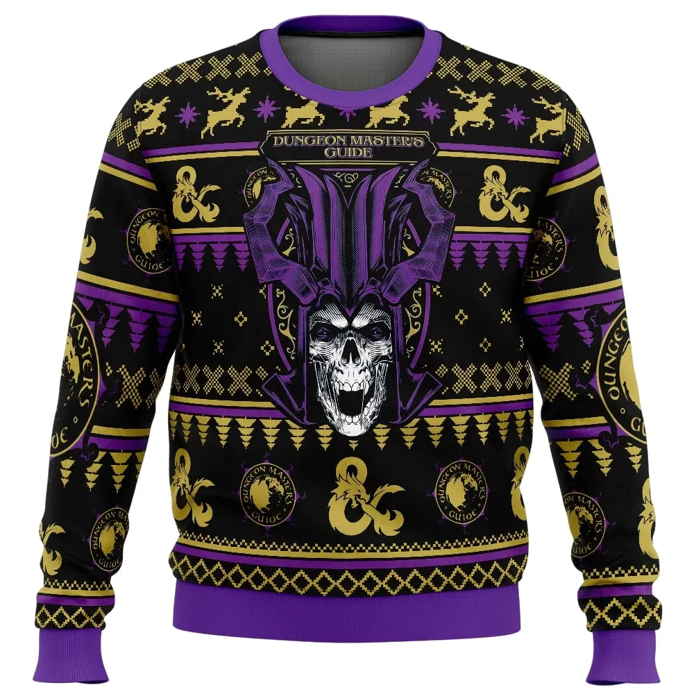 Dungeon Master's Guide Dungeons and Dragons Ugly Christmas Sweater, D&D Horned Skull Holiday Sweatshirt, Gamer Xmas Gift for Tabletop Fans