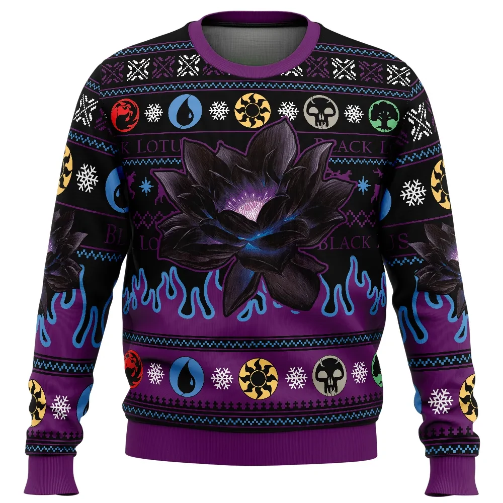 Black Lotus Magic the Gathering Ugly Christmas Sweater, MTG Mana Symbols Holiday Sweater, Unisex All Over Print Xmas Sweatshirt, Gamer Gift