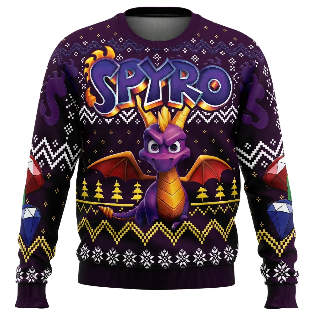 Christmas Dragon Spyro Ugly Christmas Sweater, Spyro the Dragon Santa Hat Holiday Sweater, Purple Retro Gamer Xmas Gift, Unisex Pullover