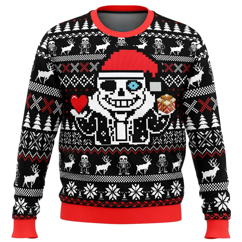 Christmas Sans Undertale Ugly Christmas Sweater, Santa Hat Skeleton Pixel Art Holiday Sweater, Indie Game Xmas Sweatshirt, Gamer Gift for Fans
