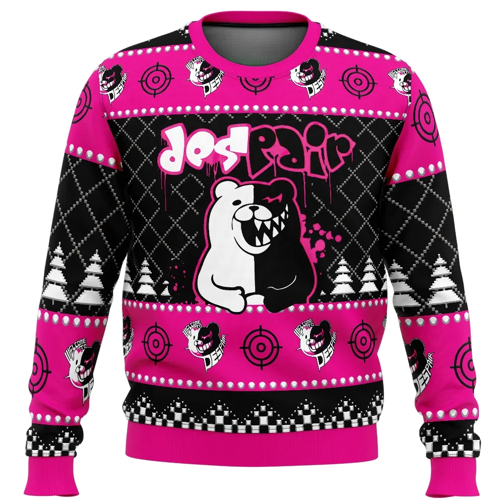 Monokuma Despair Danganronpa Ugly Christmas Sweater, Monokuma Holiday Sweater in Pink and Black, Anime Xmas Gift, Unisex All Over Print